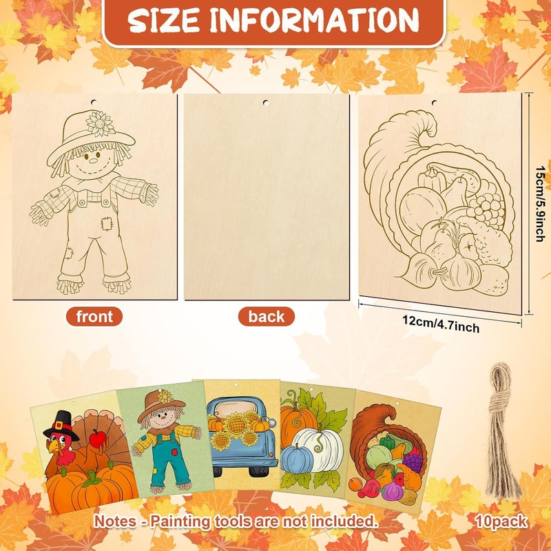 COCHIE 10PCS Large Thanksgiving Unfinished Wood Crafts to Paint for Adults, Bulk Predrilled Wooden Ornaments for Painting, Pumpkin Scarecrow Paintable Wood Slices Craft Supplies with Ropes - Image 2